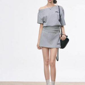 Korean casual short waist top off shoulders/skirt/wide leg pants