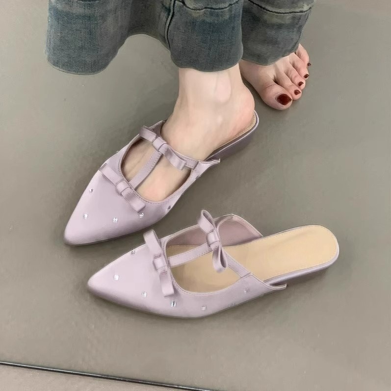 Gentle fairy bag-toe half slippers Spring French temperament elegant satin bow pointed flat slippers