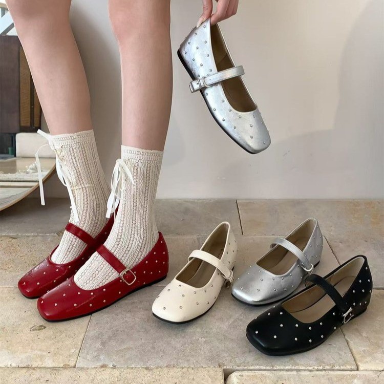 French square toe shallow mouth single shoes trendy soft leather one-liner Mary Jane shoes ballet single shoes women